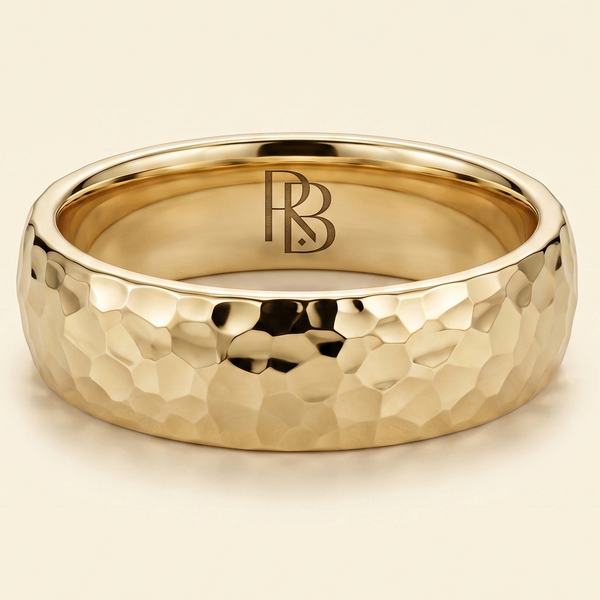 Hammered Domed Gold Mens Wedding Band